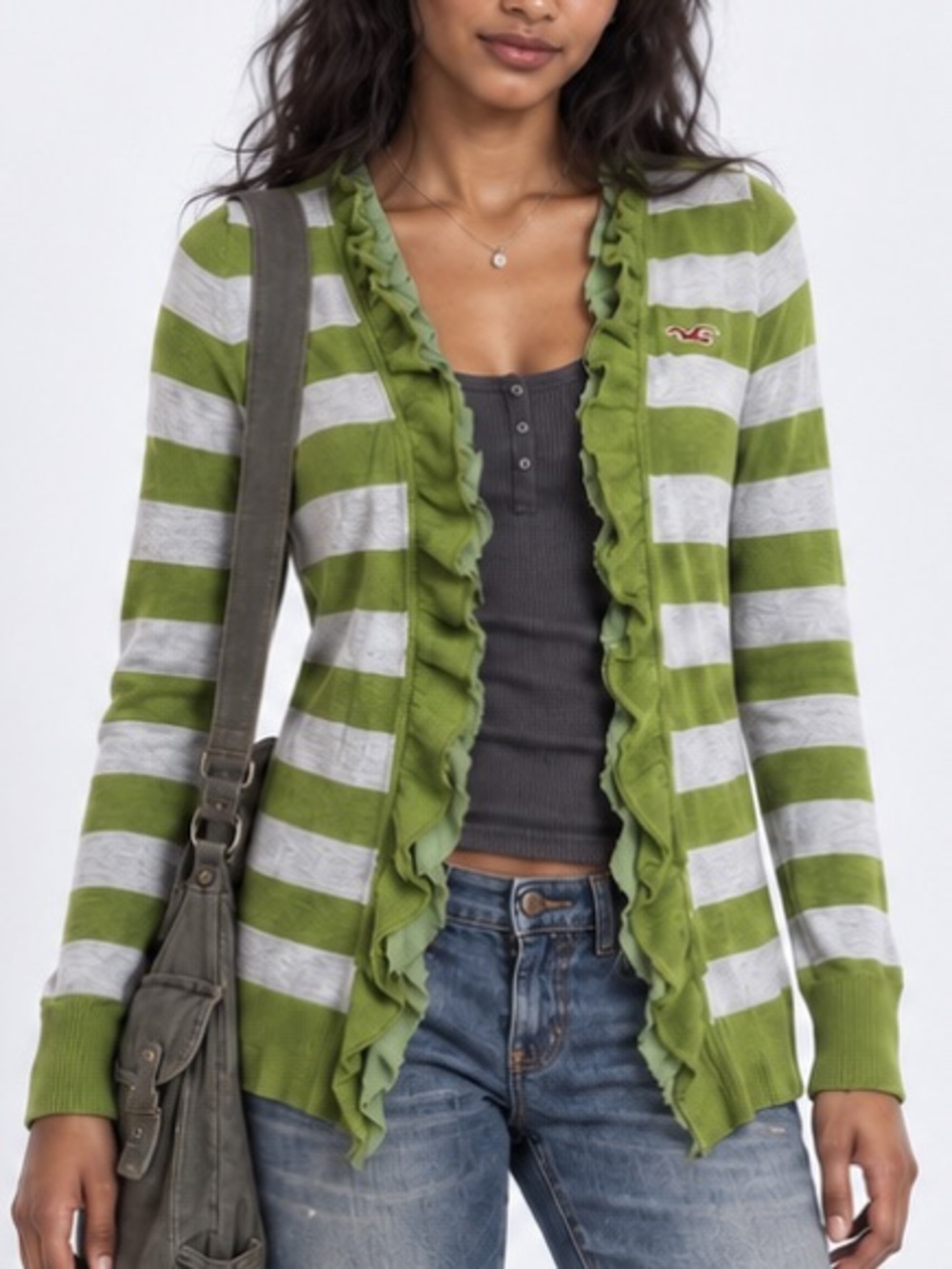 Hollister Y2K Cardigan Sweater Green Gray Striped Ruffle Open Front Large